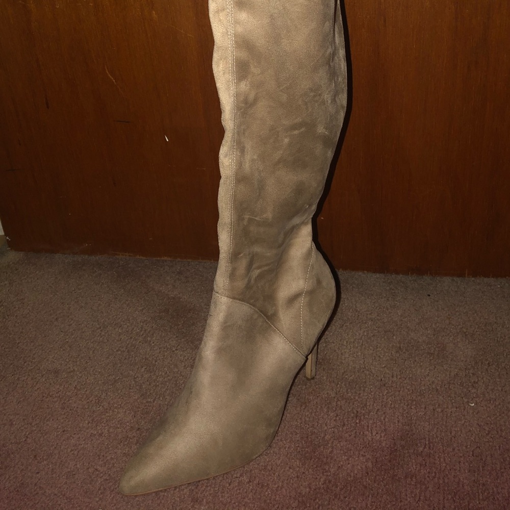 Kendal and Kylie tan suede thigh high boots